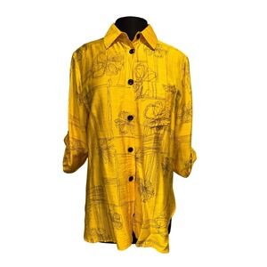 Bright Yellow Floral Print Button Down Blouse By Shana Apparel Size Medium NWT